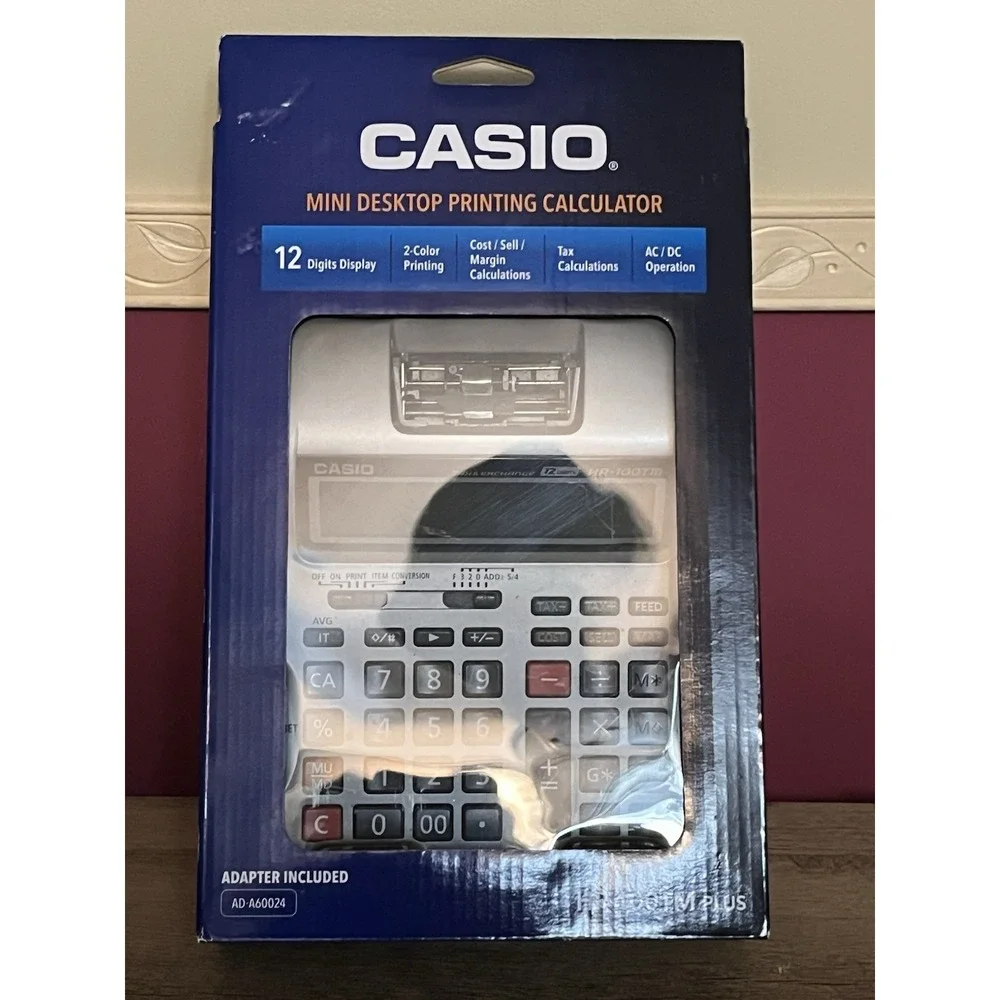 Casio HR-100TM PLUS-W Mini Desktop Printing Calculator 12-Digit with Adapter GUC